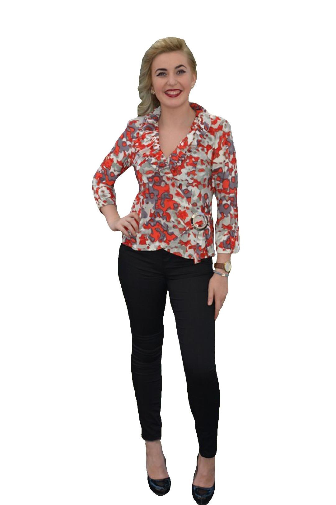 Bluza eleganta cu guler fronsat, D&J Exclusive, Alb/Rosu