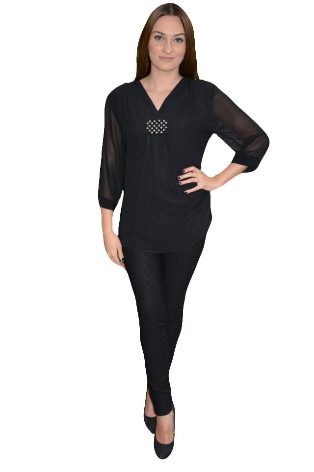 Bluza moderna cu guler tip sal si insertii de voal,masura mare,D&J Exclusive, Negru