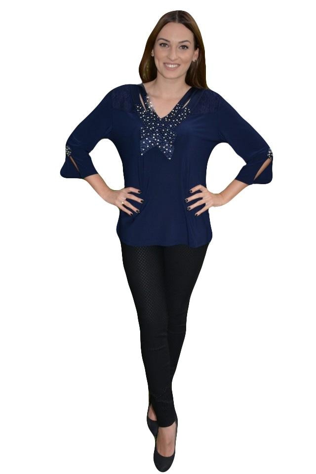 Bluza rafinata cu insertii de margele si strasuri,masura mare,D&J Exclusive,, Albastru marin