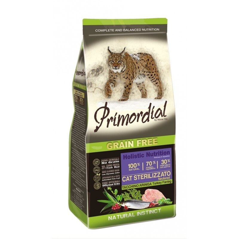 Hrana uscata pentru pisici Primordial, Grain Free, Sterilised, Curcan si Hering, 6 kg