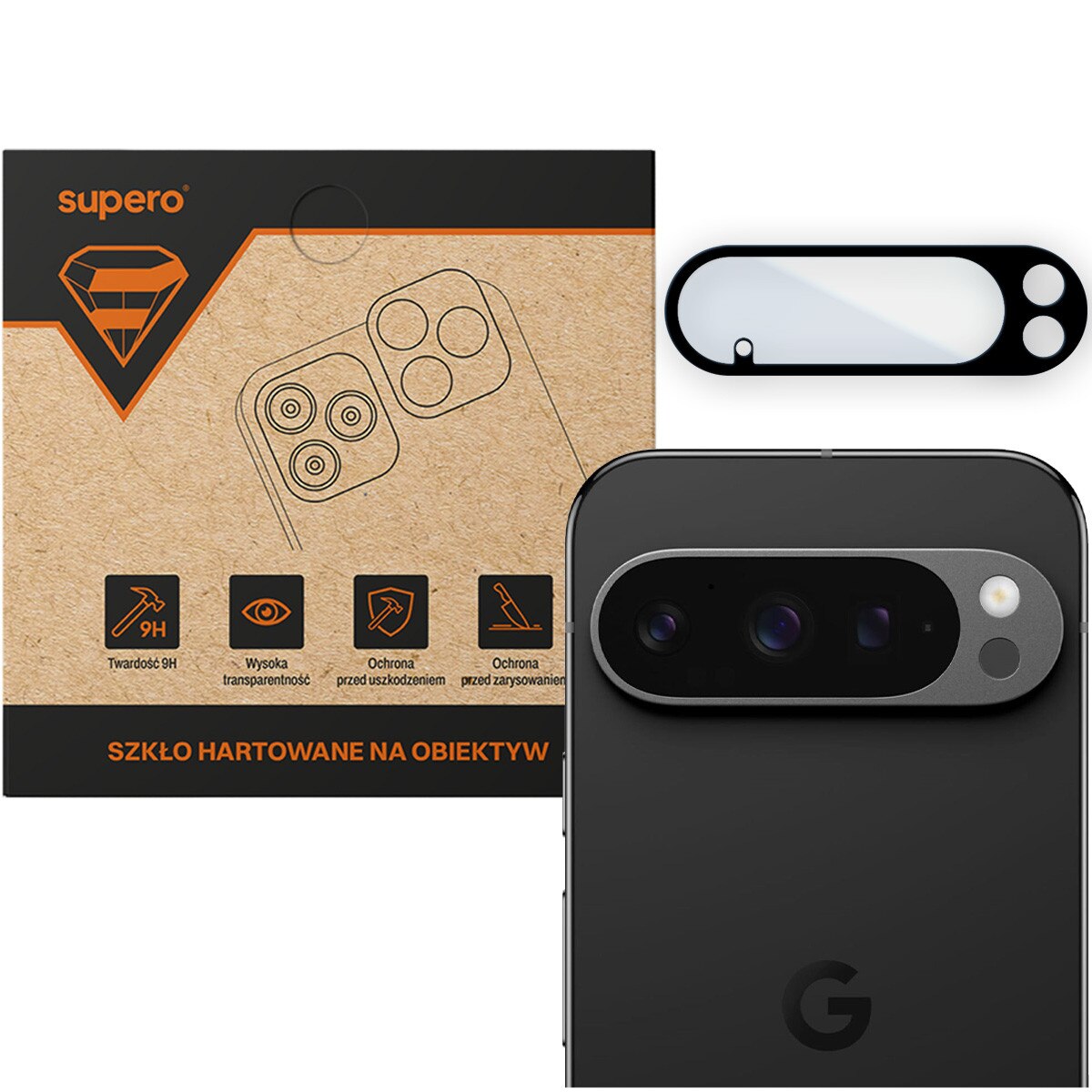 Folie de protectie pentru camera, Supero, compatibila Google Pixel 10 Pro XL, sticla securizata 9H, grosime 0, 30 mm, include set aplicare (laveta umeda + uscata), cadru negru transparent