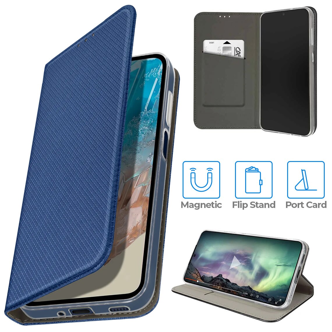 Husa pentru Oppo A6x, Smart Flip, tip carte cu inchidere magnetica, Buzunar Carduri, functie Stand de vizualizare, Eco-Leather + Silicon, Albastra