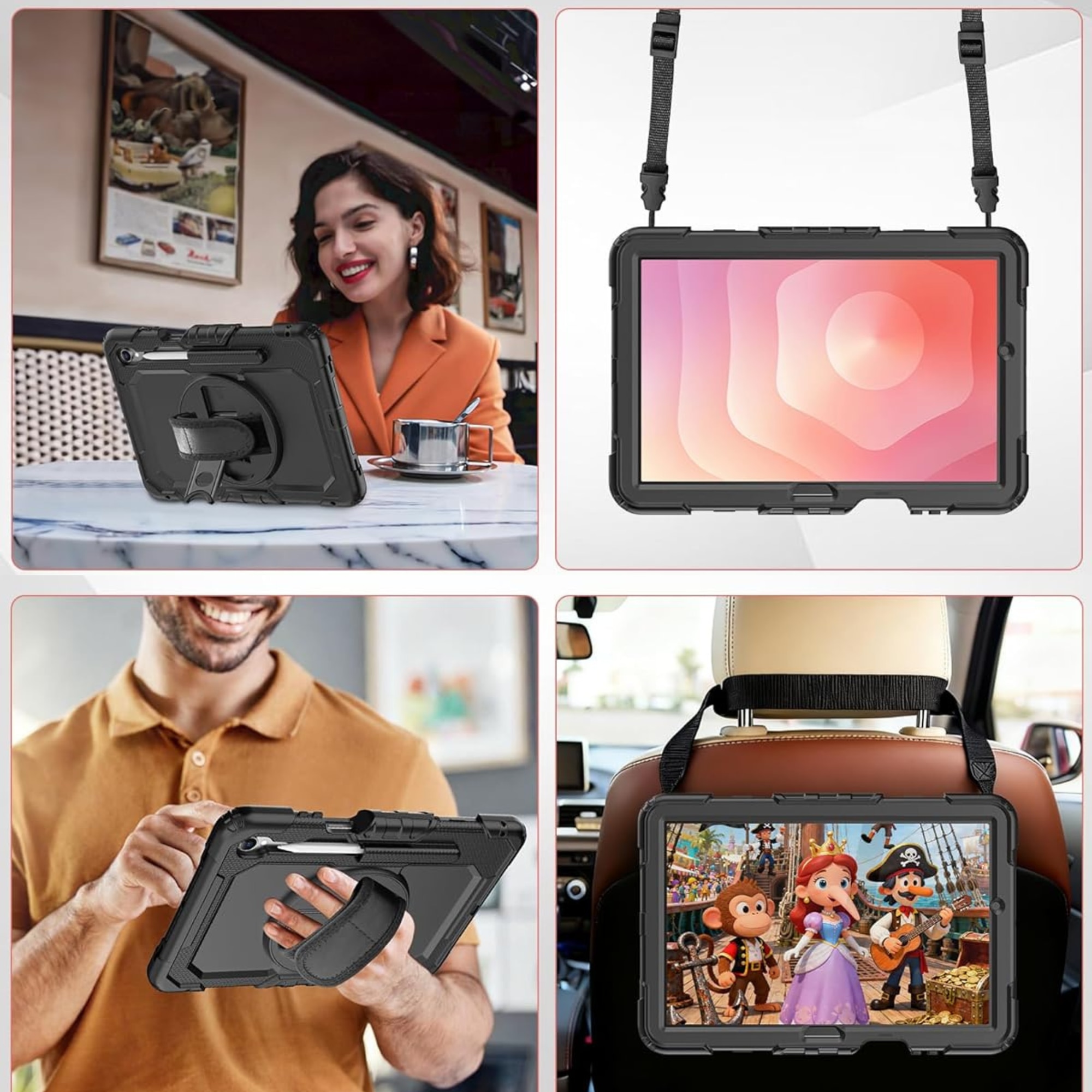 Husa rezistenta pentru tableta, Supero, protectie full-body din policarbonat + cadru siliconic, maner rotativ + suport reglabil, curea detasabila pentru transport, compatibil Samsung Galaxy Tab X730/X736, culoare neagra