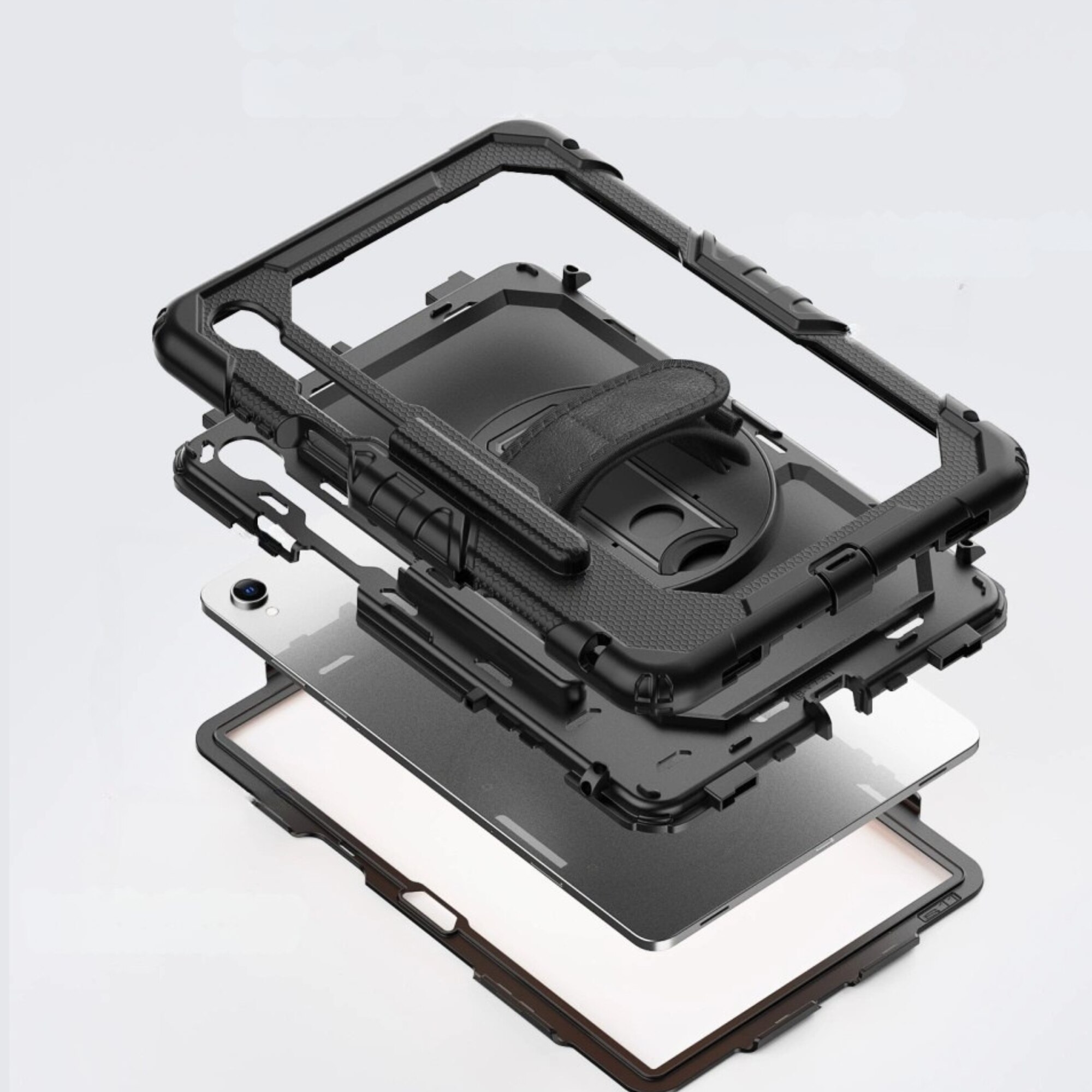 Husa rezistenta pentru tableta, Supero, protectie full-body din policarbonat + cadru siliconic, maner rotativ + suport reglabil, curea detasabila pentru transport, compatibil Samsung Galaxy Tab X730/X736, culoare neagra