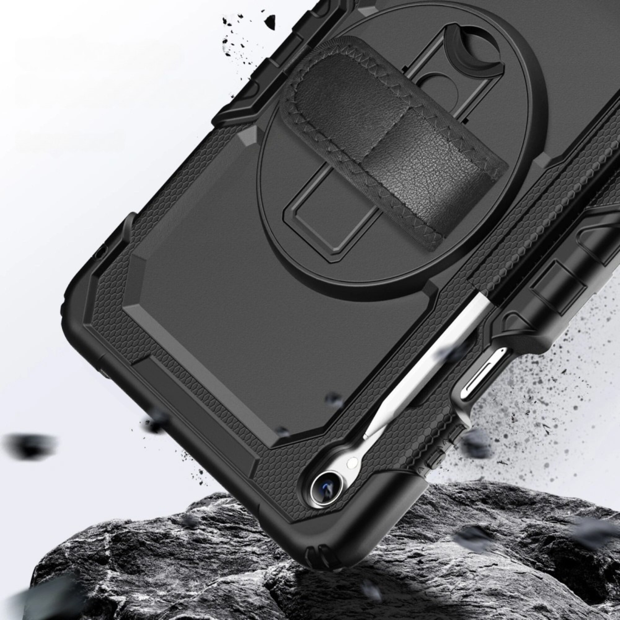 Husa rezistenta pentru tableta, Supero, protectie full-body din policarbonat + cadru siliconic, maner rotativ + suport reglabil, curea detasabila pentru transport, compatibil Samsung Galaxy Tab X730/X736, culoare neagra