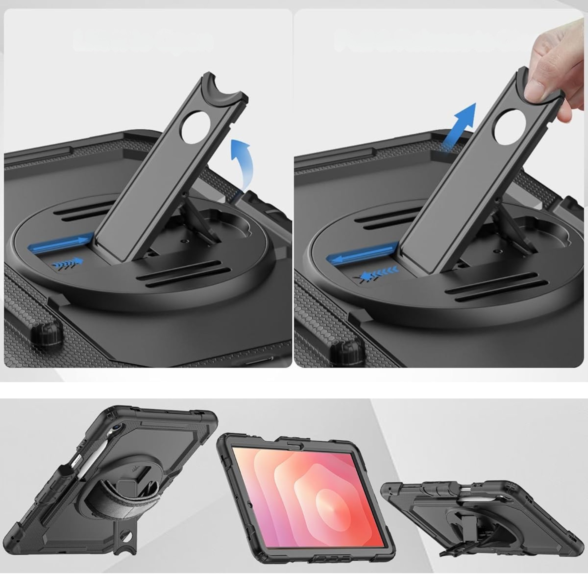 Husa rezistenta pentru tableta, Supero, protectie full-body din policarbonat + cadru siliconic, maner rotativ + suport reglabil, curea detasabila pentru transport, compatibil Samsung Galaxy Tab X730/X736, culoare neagra