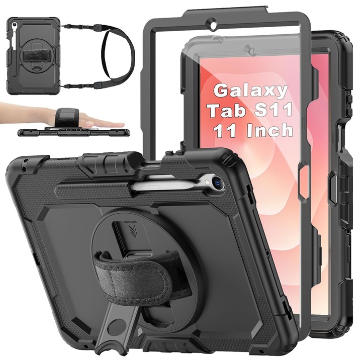 Husa rezistenta pentru tableta, Supero, protectie full-body din policarbonat + cadru siliconic, maner rotativ + suport reglabil, curea detasabila pentru transport, compatibil Samsung Galaxy Tab X730/X736, culoare neagra