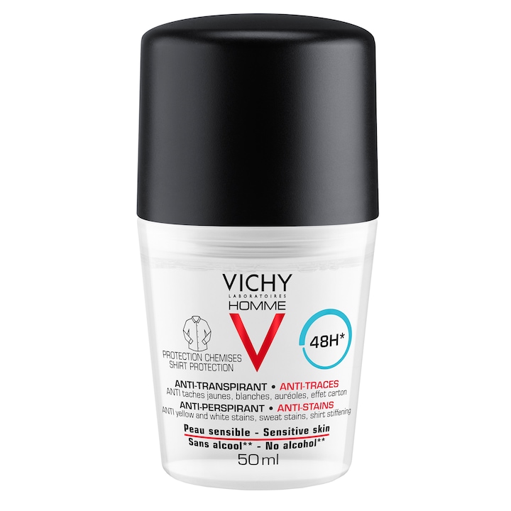 Deodorant roll-on Vichy Homme cu efect anti-urme albe, galbene si de transpiratie, eficacitate 48h, 50ml