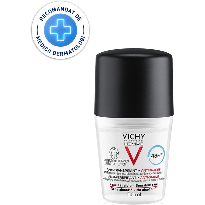 Deodorant roll-on Vichy Homme cu efect anti-urme albe, galbene si de transpiratie, eficacitate 48h, 50ml