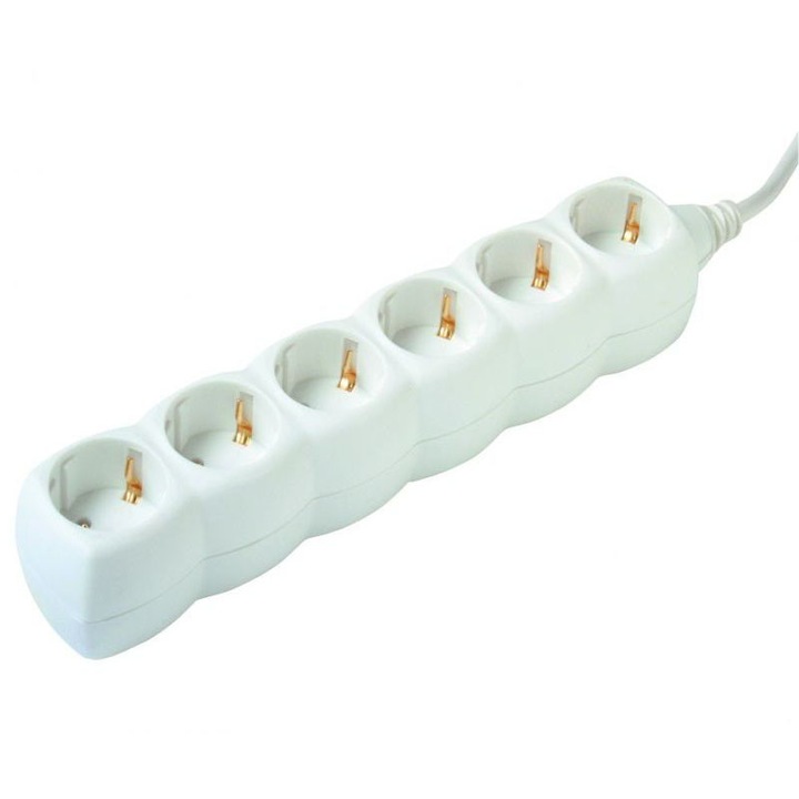 Удължителен кабел, 6 гнезда, 3 м, 3500W, бял, IP20, Home
