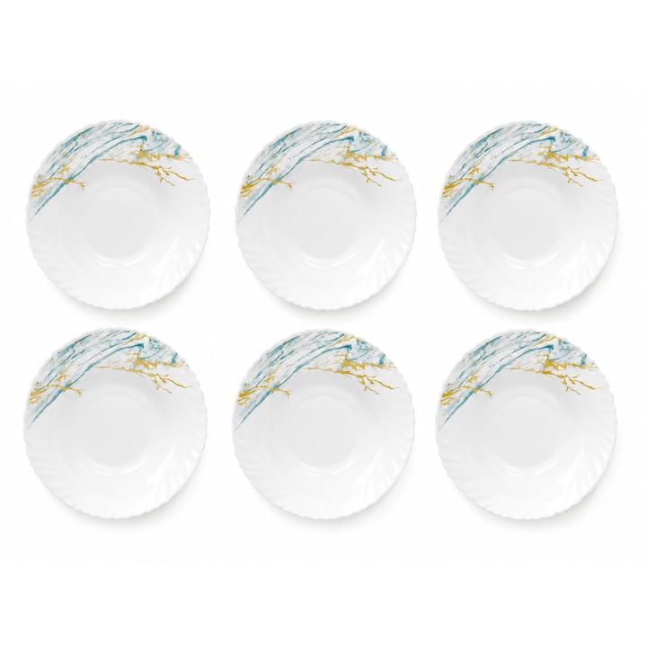 Titlu: Farfurie Adanca Opal Blue Marble 23 cm pentru supe, ciorbe – Design Modern, Alb cu Model Marmura Albastru-Auriu