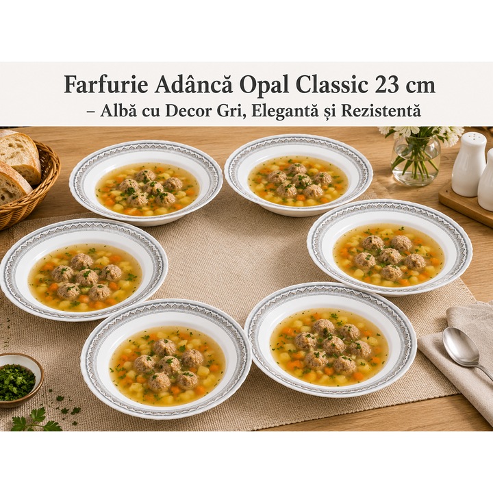 Farfurie Adanca Opal Classic 23 cm pentru Supe, Ciorbe – Alba cu Decor Gri, Eleganta si Rezistenta