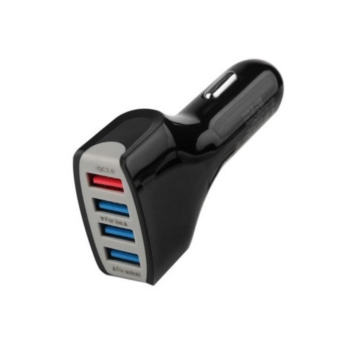 Autós töltő 4 USB porttal Qualcomm Quick Charge 3.0, fekete