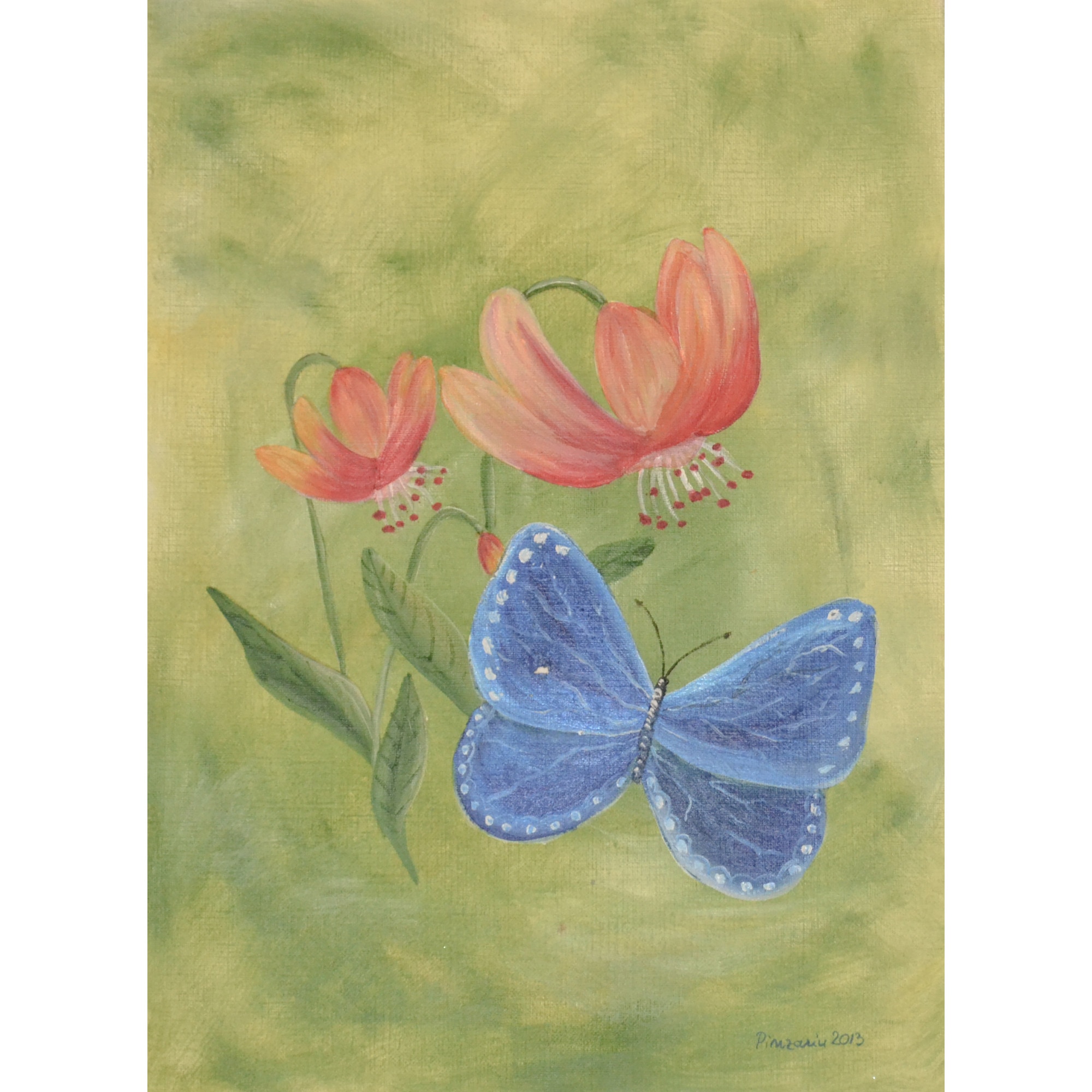 Tablou ulei pe hartie Fluture si flori 3 - tablou pictat manual Oana Pinzariu, dimensiune 24 * 33 cm