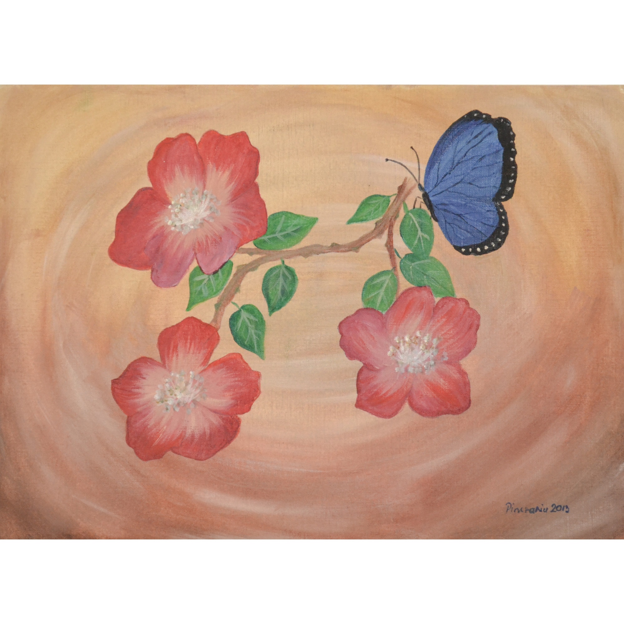 Tablou ulei pe hartie Fluture si flori 1 - tablou pictat manual Oana Pinzariu, dimensiune 24 * 33 cm