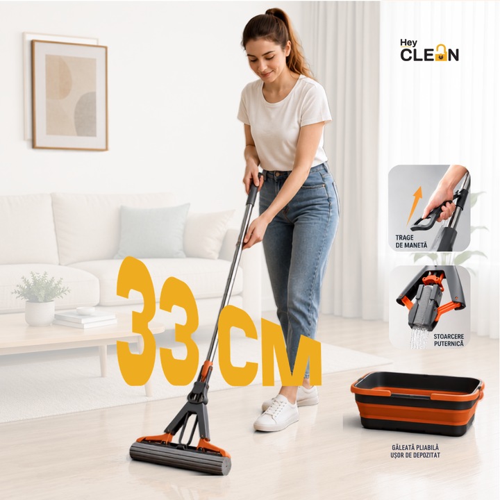 Set Mop cu Burete Hey CLEAN® 33 cm + Galeata Pliabila, Stoarcere Fara Atingerea Buretelui Actionare Maneta, Super Absorbant, Coada 135 cm, Curatare Rapida si Eficienta, Ideal pentru Par de Animale si Lichide, Parchet, Gresie, Portocaliu