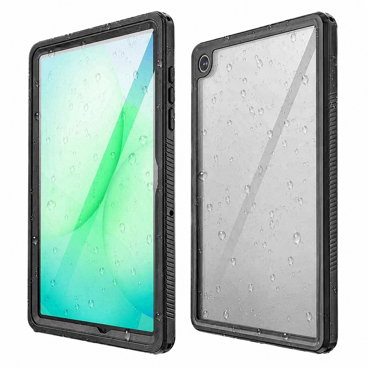 Husa impermeabila, Supero, Pentru Samsung Galaxy Tab A11+ Plus, Protectie 360°, Certificare IP68, Material TPU+PC, Transparenta cu protectie ecran si camera, Curea umar si maner antialunecare, Negru
