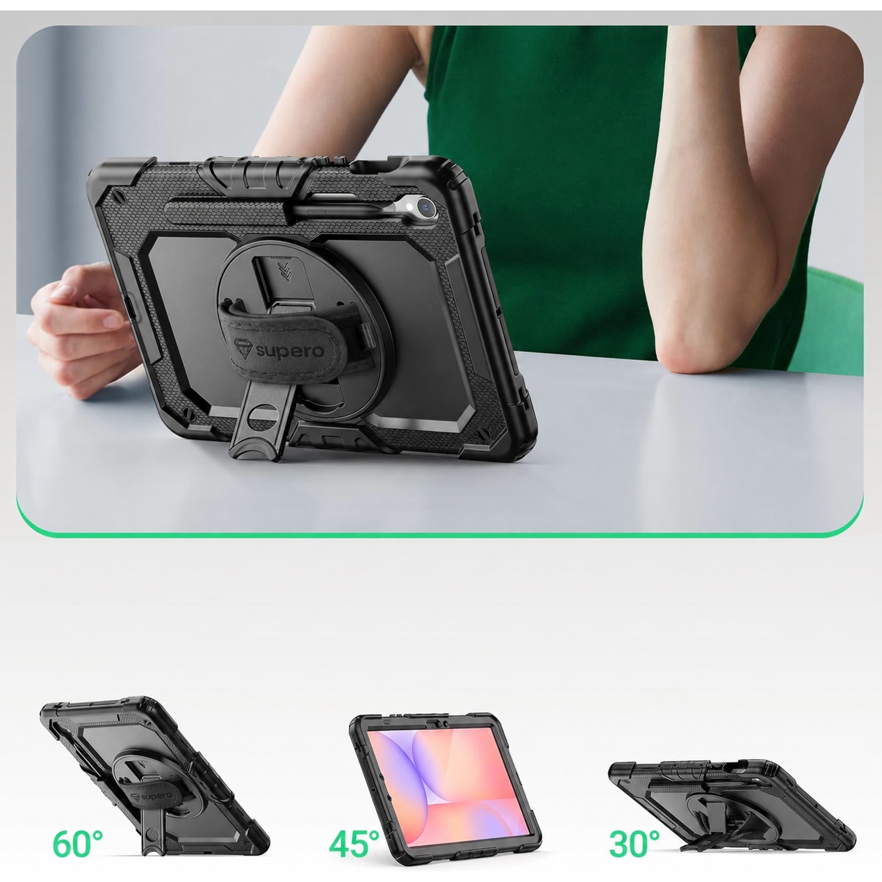Husa rezistenta pentru tableta, Supero, compatibil Samsung Galaxy Tab 10.9" S10 Lite / S10 FE / S9 FE, constructie 3 straturi (carcasa tare + silicon moale + protectie ecran integrata), suport rotativ 360°, manere si curea reglabila, loc pentru stylus