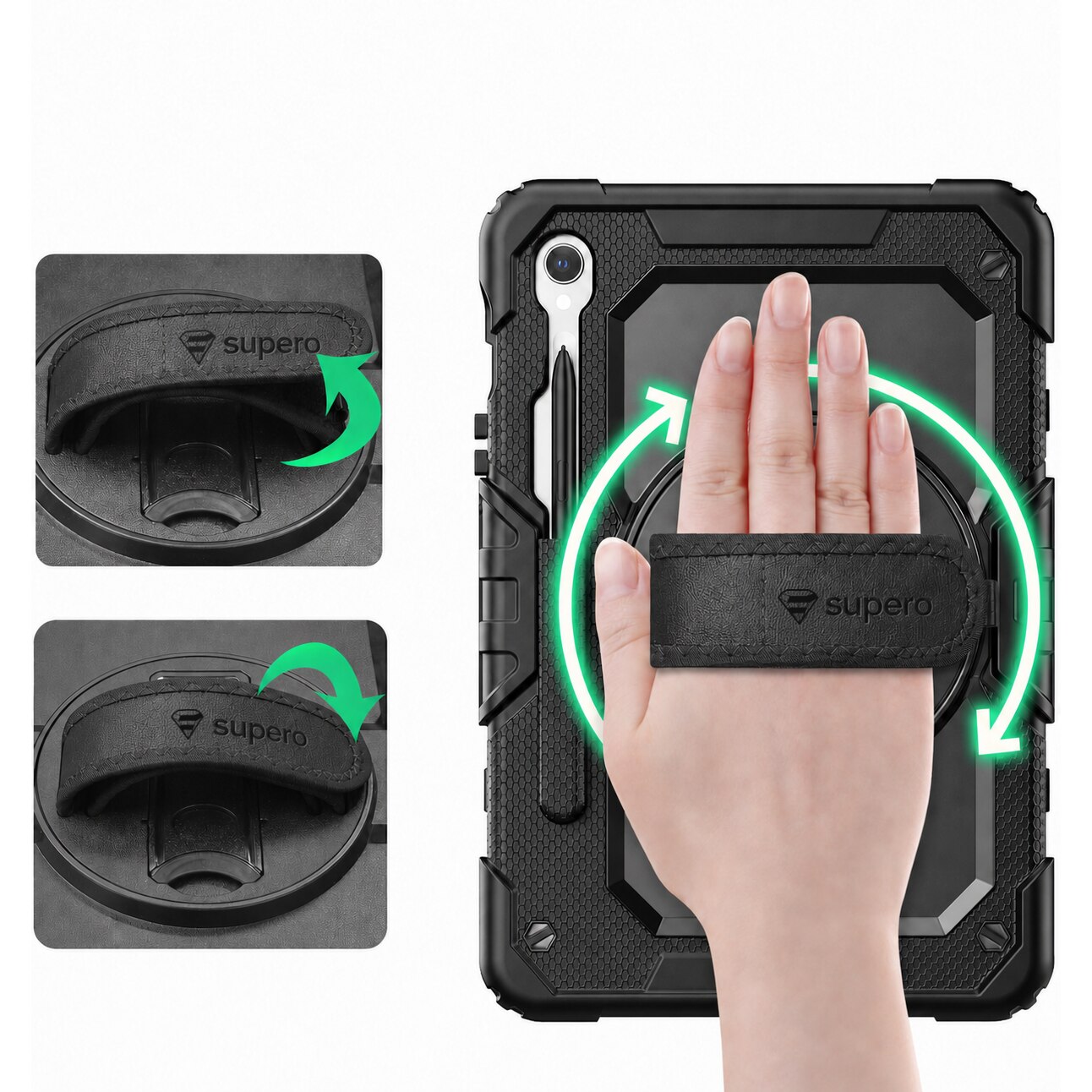 Husa rezistenta pentru tableta, Supero, compatibil Samsung Galaxy Tab 10.9" S10 Lite / S10 FE / S9 FE, constructie 3 straturi (carcasa tare + silicon moale + protectie ecran integrata), suport rotativ 360°, manere si curea reglabila, loc pentru stylus