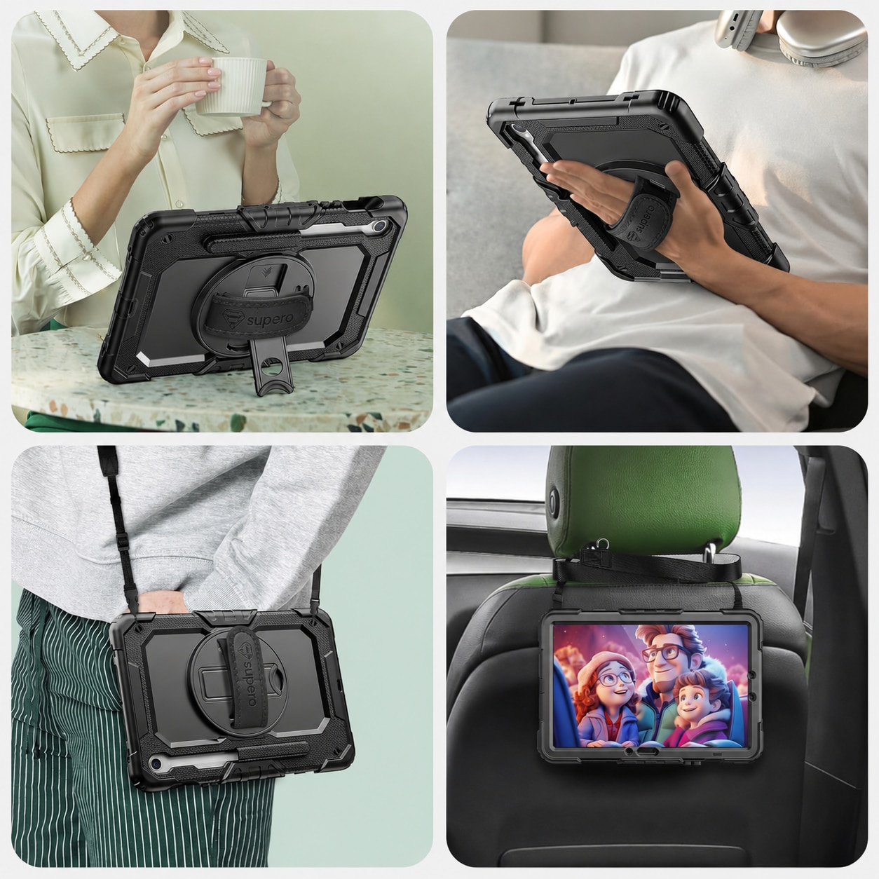 Husa rezistenta pentru tableta, Supero, compatibil Samsung Galaxy Tab 10.9" S10 Lite / S10 FE / S9 FE, constructie 3 straturi (carcasa tare + silicon moale + protectie ecran integrata), suport rotativ 360°, manere si curea reglabila, loc pentru stylus