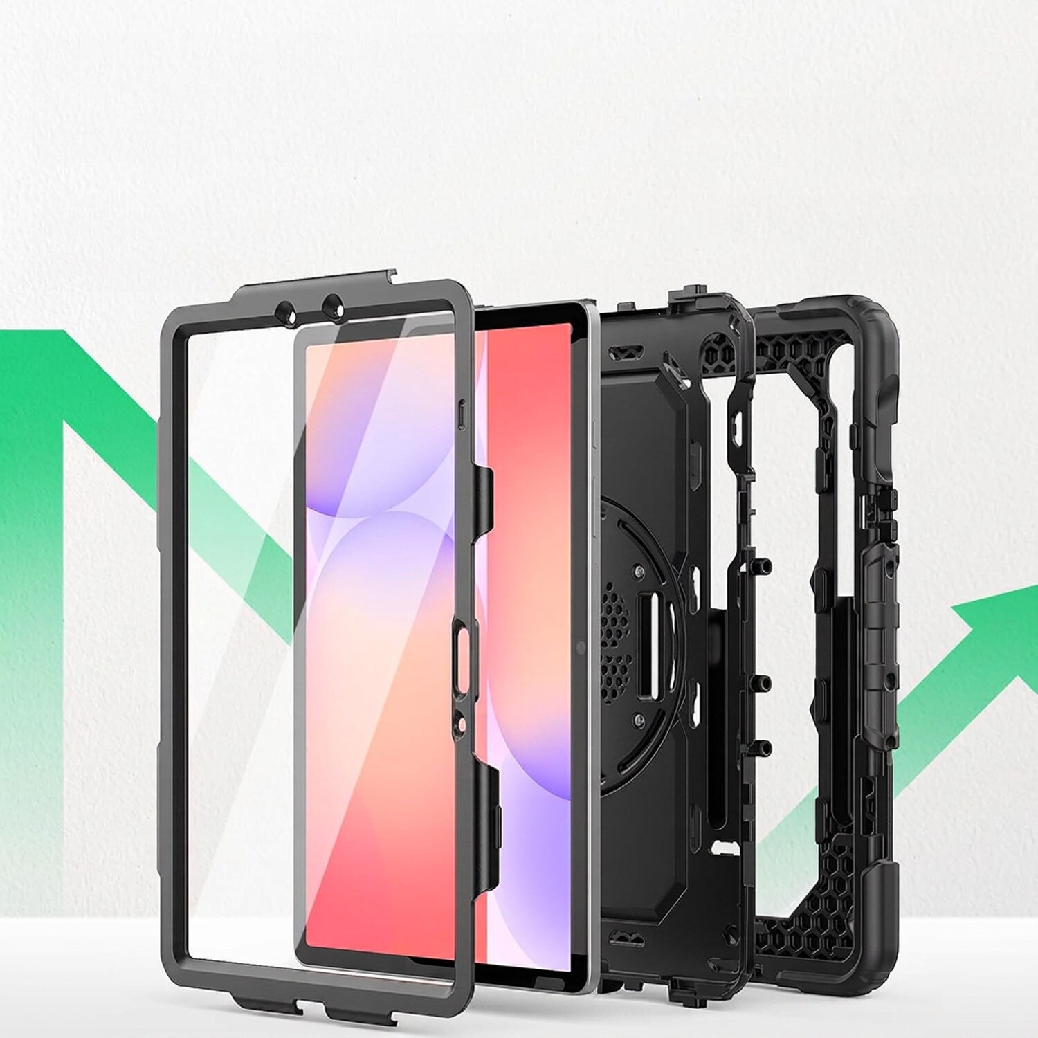 Husa rezistenta pentru tableta, Supero, compatibil Samsung Galaxy Tab 10.9" S10 Lite / S10 FE / S9 FE, constructie 3 straturi (carcasa tare + silicon moale + protectie ecran integrata), suport rotativ 360°, manere si curea reglabila, loc pentru stylus