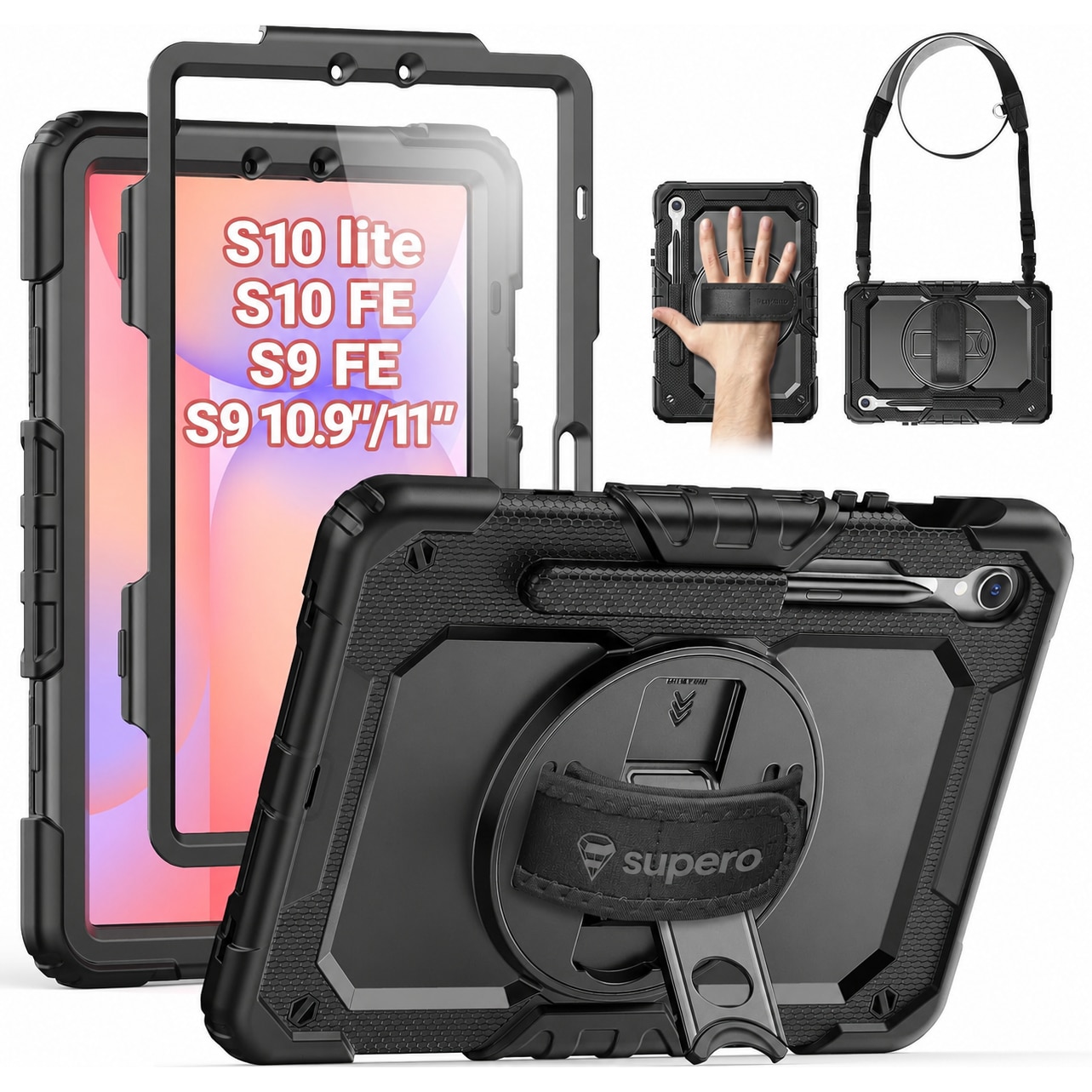 Husa rezistenta pentru tableta, Supero, compatibil Samsung Galaxy Tab 10.9" S10 Lite / S10 FE / S9 FE, constructie 3 straturi (carcasa tare + silicon moale + protectie ecran integrata), suport rotativ 360°, manere si curea reglabila, loc pentru stylus