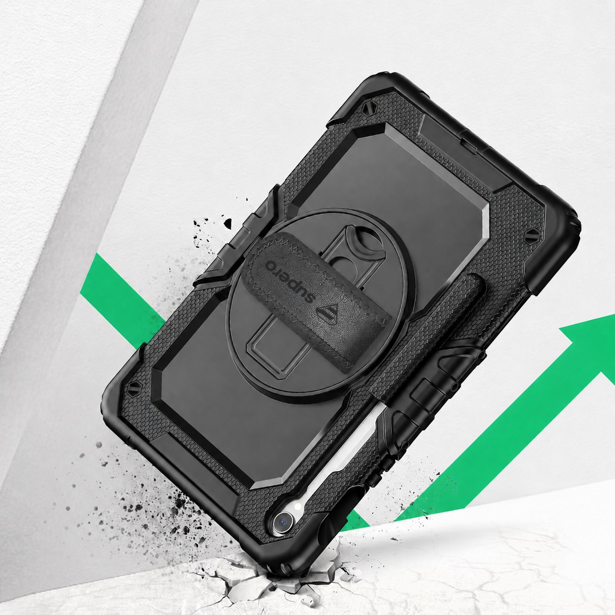 Husa rezistenta pentru tableta, Supero, compatibil Samsung Galaxy Tab 10.9" S10 Lite / S10 FE / S9 FE, constructie 3 straturi (carcasa tare + silicon moale + protectie ecran integrata), suport rotativ 360°, manere si curea reglabila, loc pentru stylus