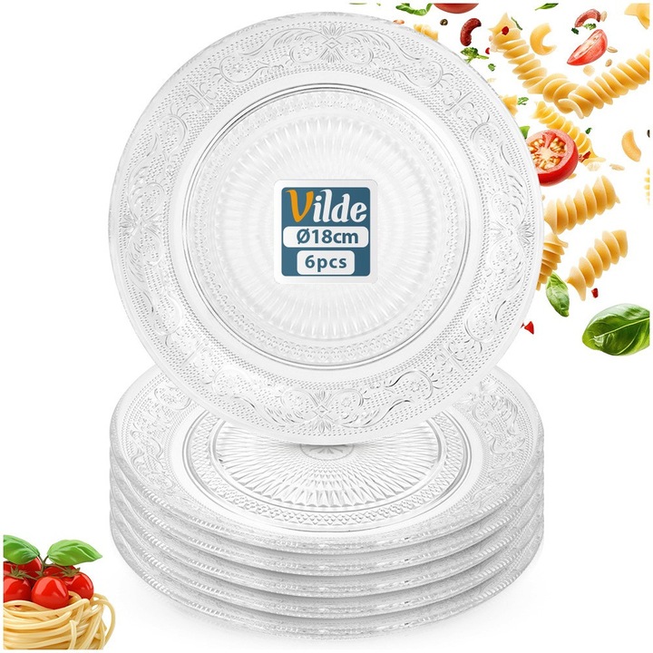 Set 6 Farfurii Desert, Vilde, Aspect Cristal, Diametru 18 cm, Transparent, Sticla, Pentru Servire Prajituri Si Gustari, Rezistent Masina De Spalat Vase, Farfurie Platou