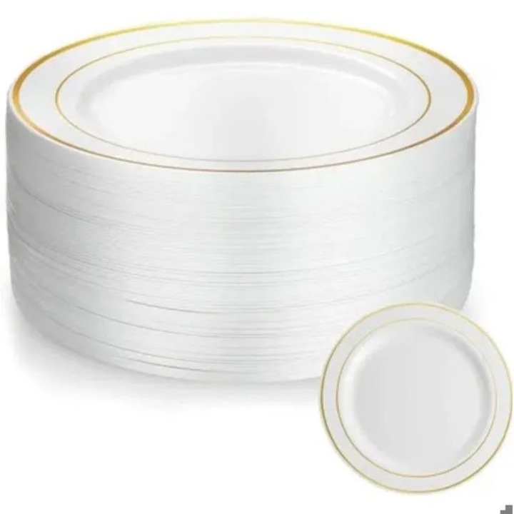 Farfurii plastic reutilizabile 18cm margine aurie set 100 buc alb