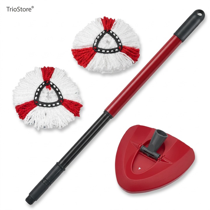 Set Rezerva Mop Vileda Compatibil TrioStore®, Tija Mop Vileda Telescopica, Cap Mop Vileda si 2 Rezerve Microfibra, Compatibil Easy Wring, Turbo, Ultraspin, Mop Rotativ, Alb/Rosu/Negru