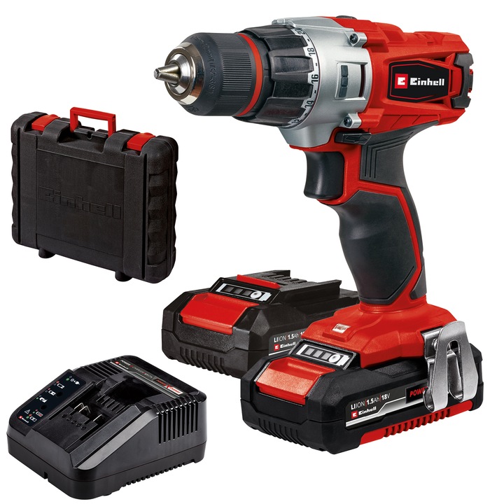 Masina de gaurit si insurubat (bormasina) cu 2 acumulatori Einhell Power X-Change TE-CD 18/2 Li Kit, 18 V, 2x1,5 Ah, 44 Nm, incarcator rapid, valiza transport