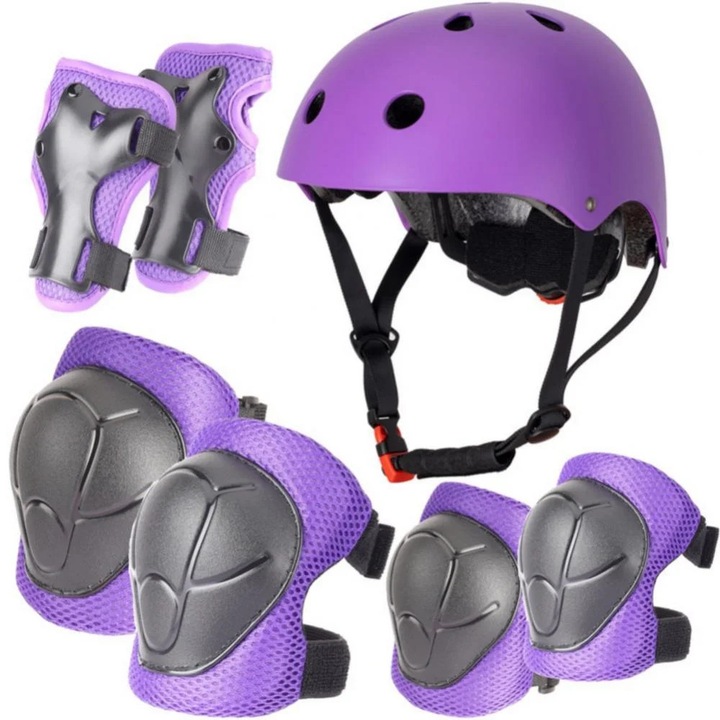 Set protectie copii ZYBLSSBB multicolor, casca ajustabila 48-54cm, genunchiere, cotiere, aparatori maini