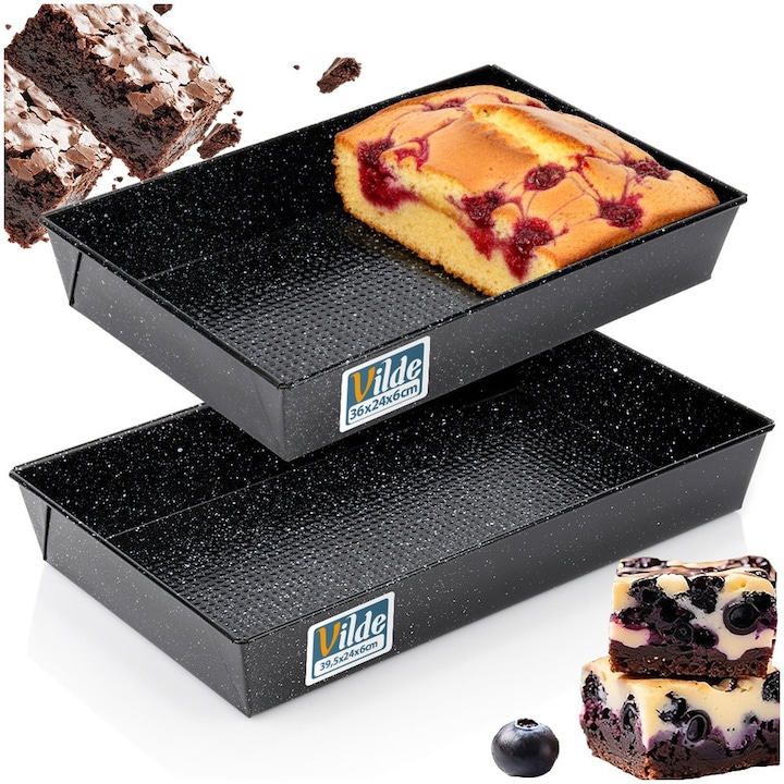 Set 2 Tavi De Copt, Vilde, Standard, Dimensiuni 36x24 cm Si 39.5x24 cm, Negru Granit, Otel Carbon Cu Invelis Antiaderent, Tava Dreptunghiulara Pentru Prajituri Si Friptura Cuptor