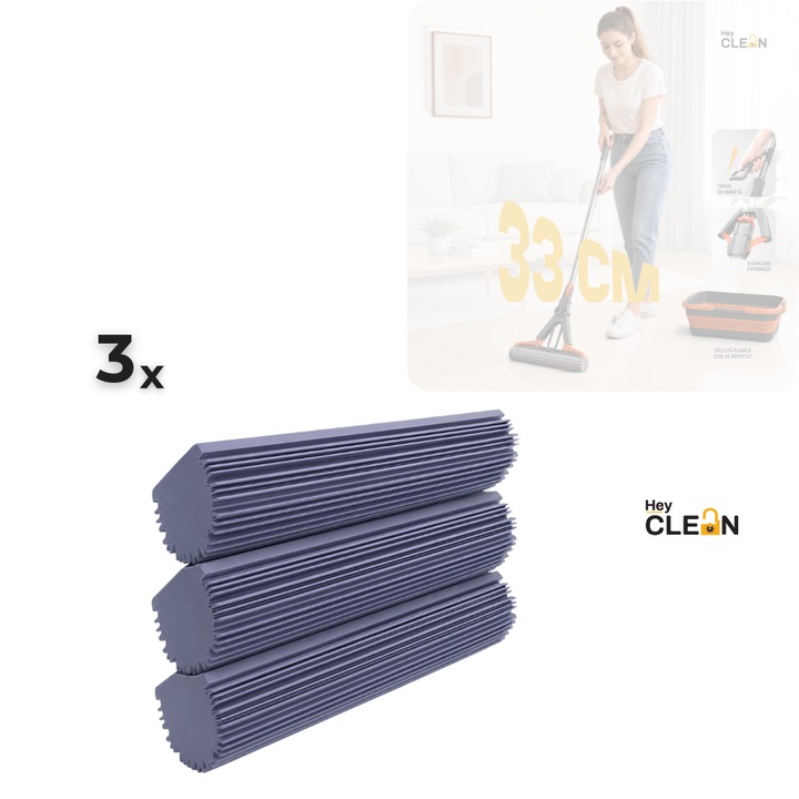 Set 3 Rezerve Burete Super Absorbant, compatibil cu Mop cu burete Hey CLEAN® 33 cm, Absorbtie Ridicata si Curatare Eficienta, Lavabile si Reutilizabile, Gri