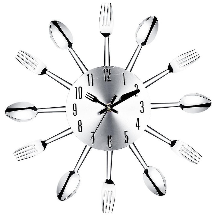 Ceas de perete, inox, tacamuri, argintiu, 32x32x3.3cm