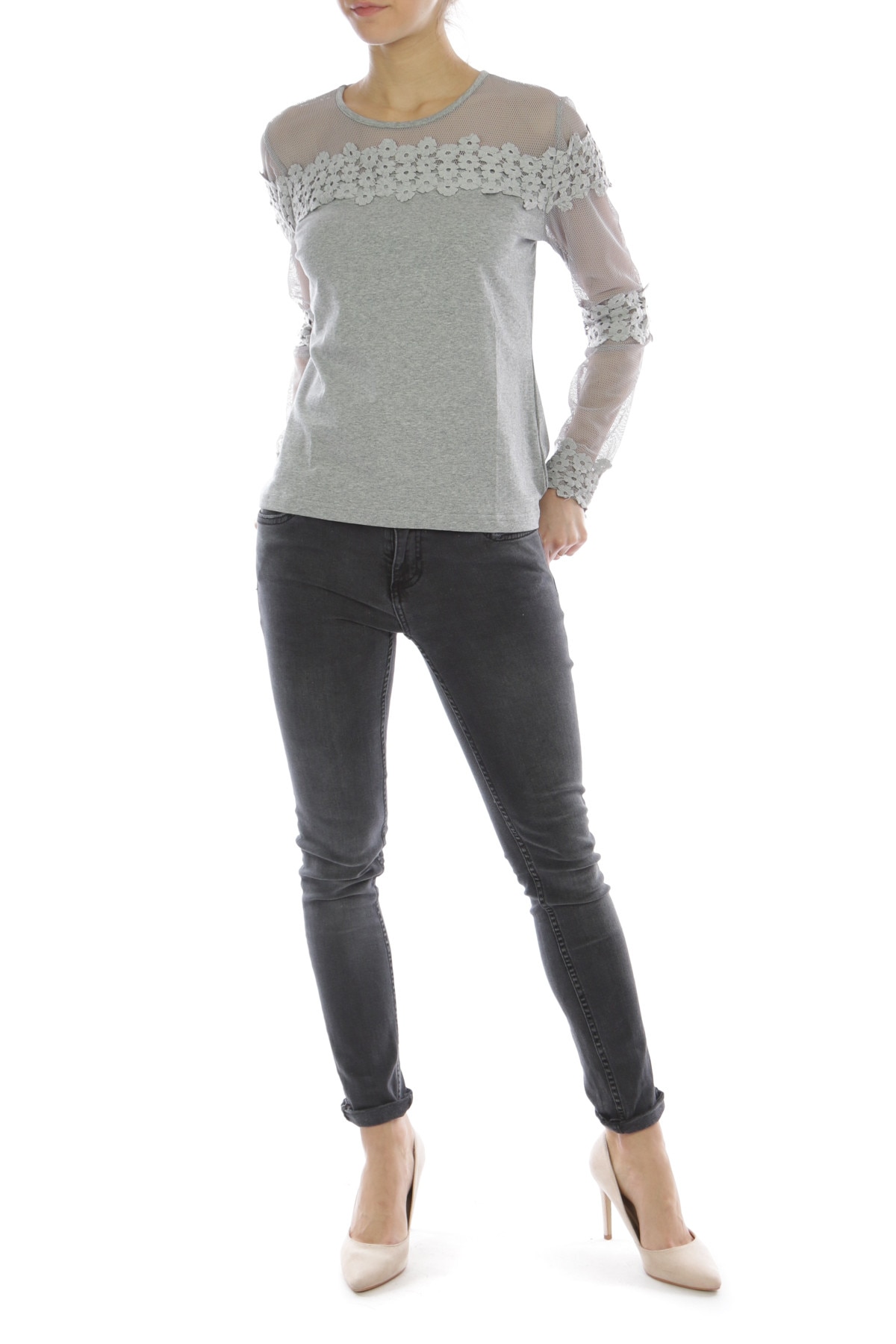 Bluza cu aplicatii din dantela Freshattitude, Gri