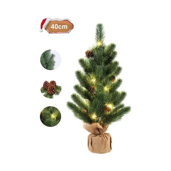 Brad de Craciun artificial mini 15 inch, LED, alb, 38x15cm