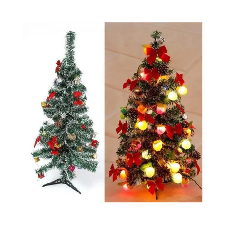 Brad de Craciun artificial 60cm alb verde cu lumini LED si ornamente aurii