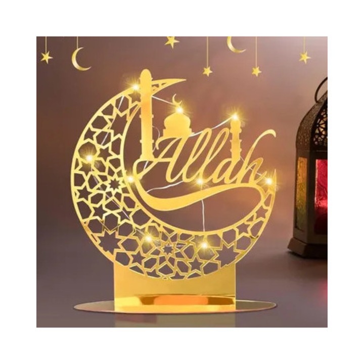 Decoratiune Ramadan, luna aurie, lumina LED, set 2 piese