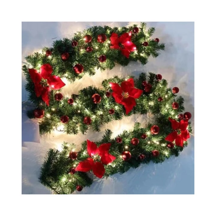 Ghirlanda Craciun artificiala 2.7m cu LED-uri si bile florale alb cald 2.7x5m