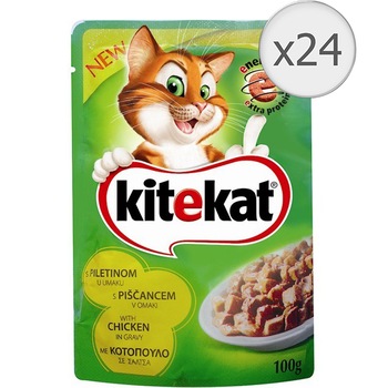 Hrana umeda pentru pisici Kitekat, Pui, 24x100g Hrana umeda pentru pisici Kitekat, Pui, 24x100g