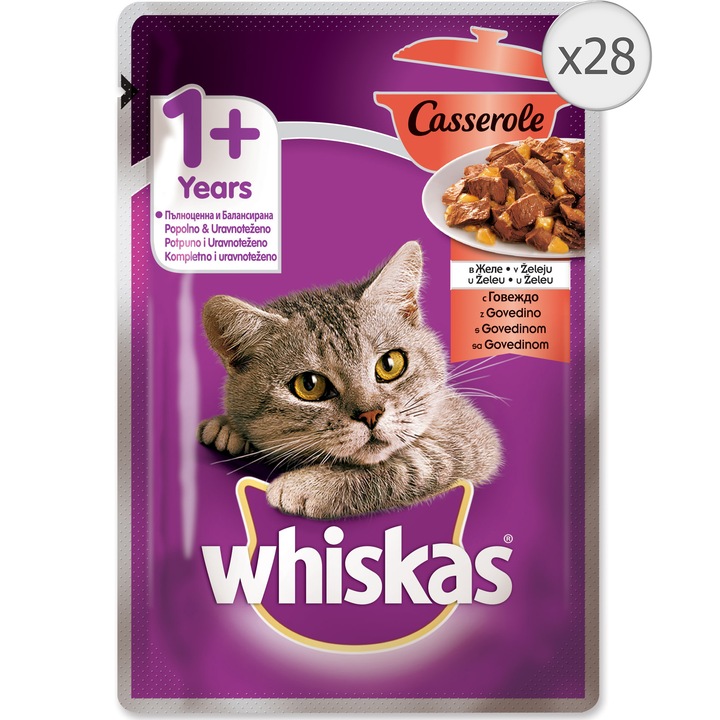 Мокра храна за котки Whiskas Casserole, Телешко, 28 бр x 85 гр