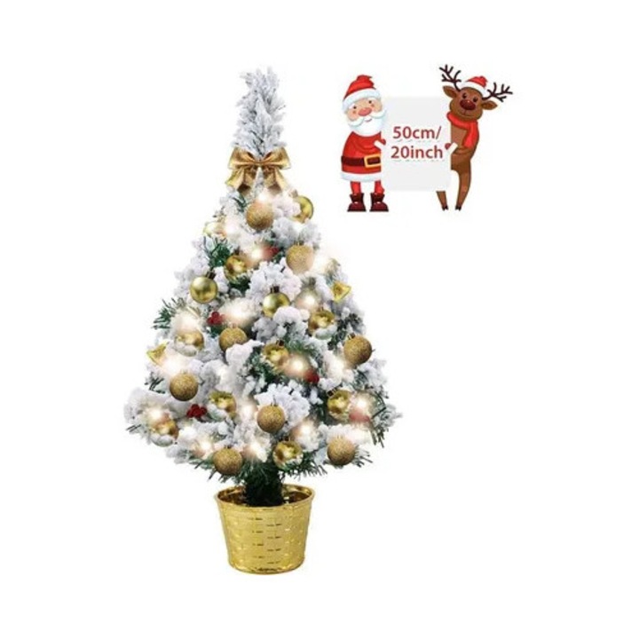 Brad de Craciun mini 50cm cu lumini si ornamente rosu auriu 50x10cm