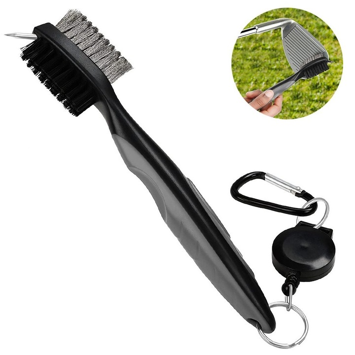 Perie dubla pentru club de golf, curatare, gri-rosu-albastru, 19x1.35cm