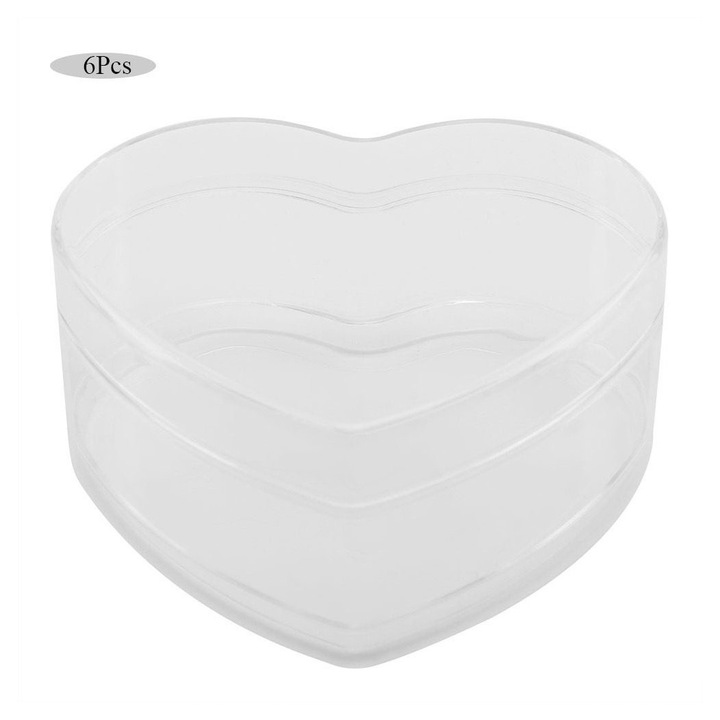 Set 6 cutii bomboane plastic inima, transparent, 6x6x3cm