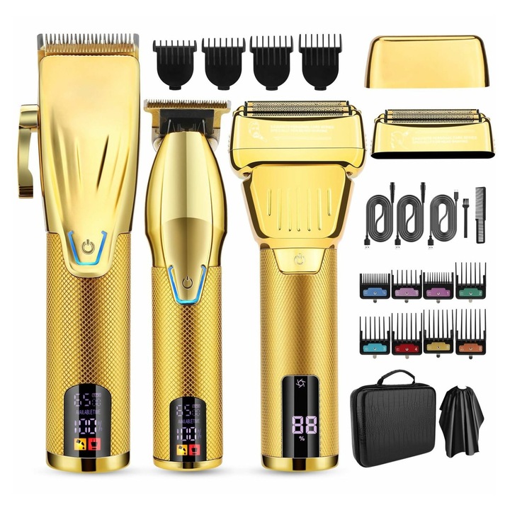 Set aparat de tuns profesional 3 in 1, multifunctional, auriu, 23 piese, USB, LCD, 150 min autonomie