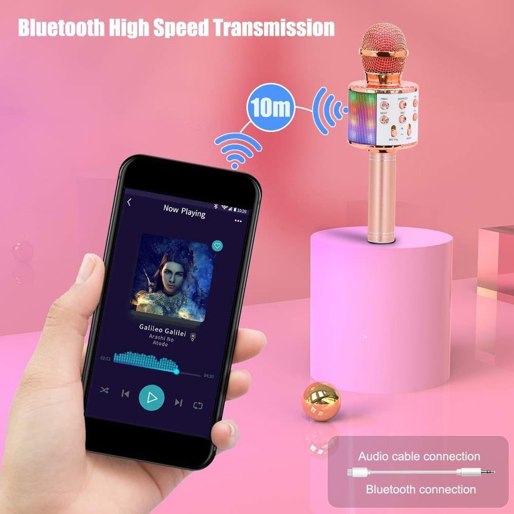 Microfon wireless karaoke portabil cu difuzor Bluetooth, lumini LED ...