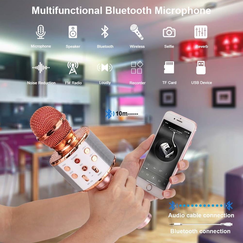 Microfon wireless karaoke portabil cu difuzor Bluetooth, lumini LED ...