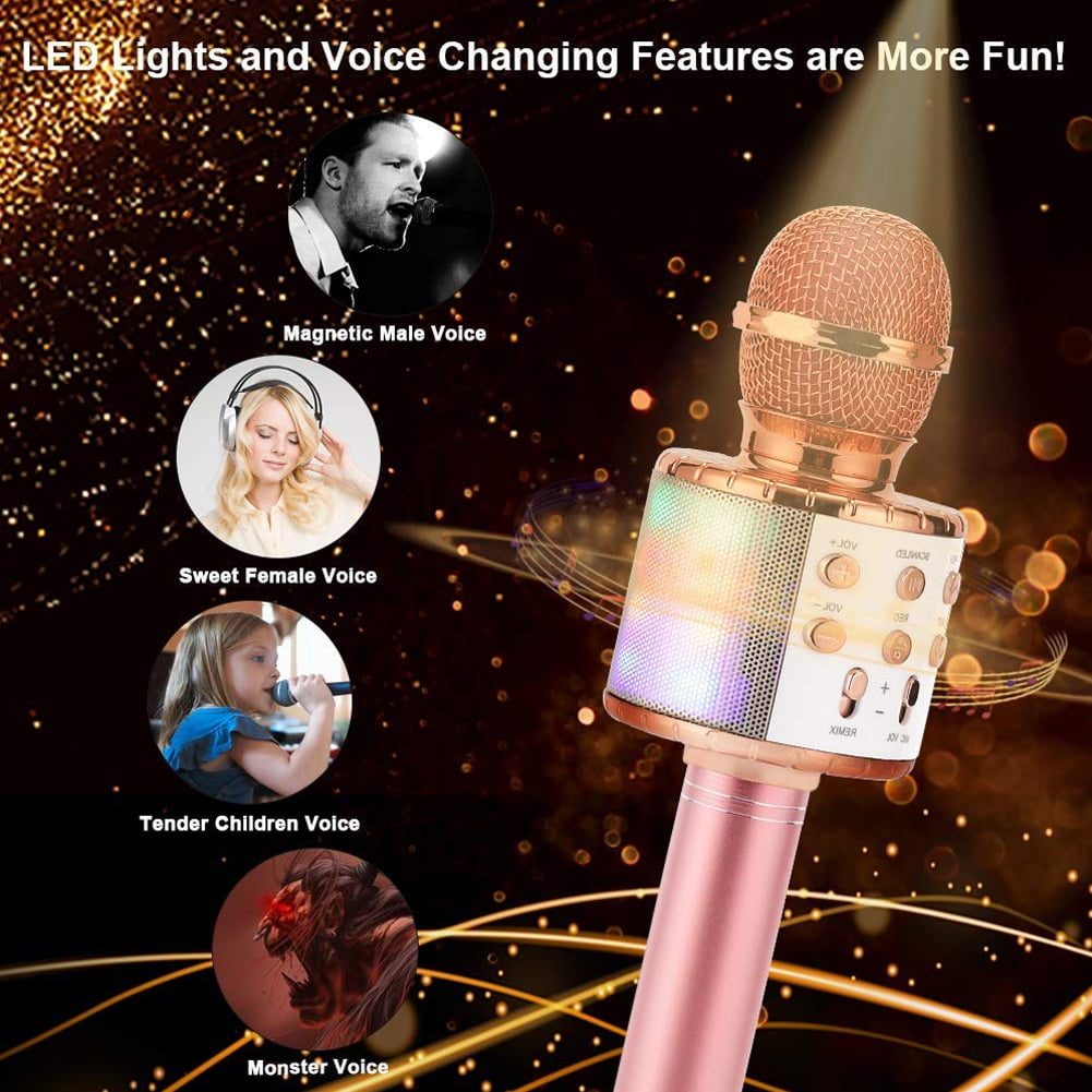 Microfon wireless karaoke portabil cu difuzor Bluetooth, lumini LED ...