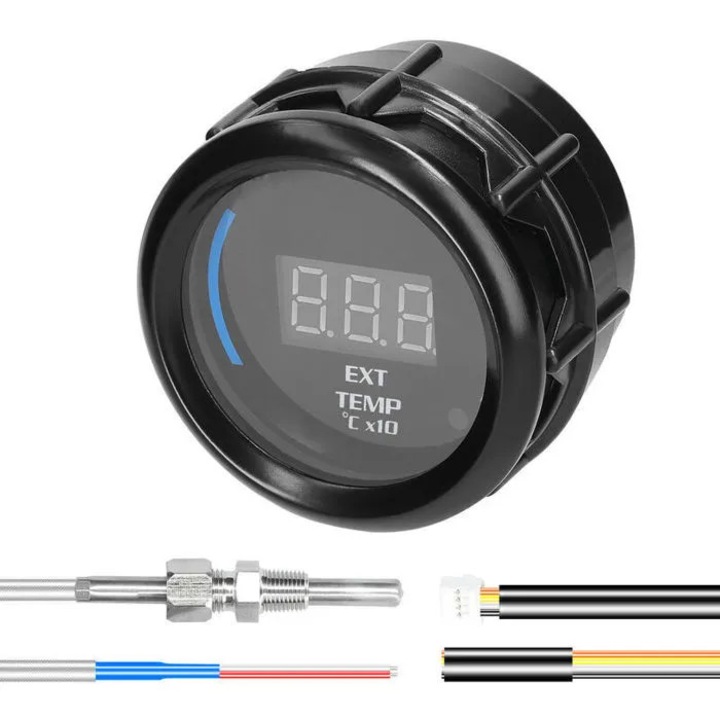 Indicator temperatura evacuare EGT k0312-0725-CD8483, LED 52 mm, gama 40–120 °C x10, cu senzor si alarma, negru